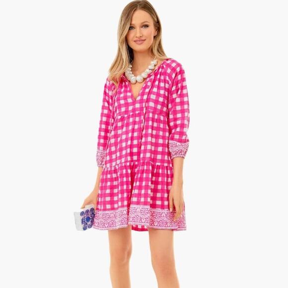 NWT TUCKERNUCK SZ  Block Print By Hand Priya Dress Hot Pink Gingham Sz S - Picture 1 of 10